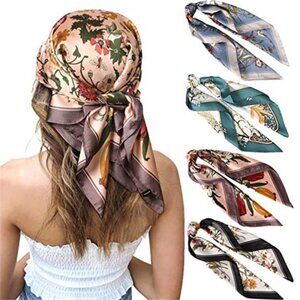 Womens satin silk feeling head scarf set square hair bandana neck scarf 4 pack